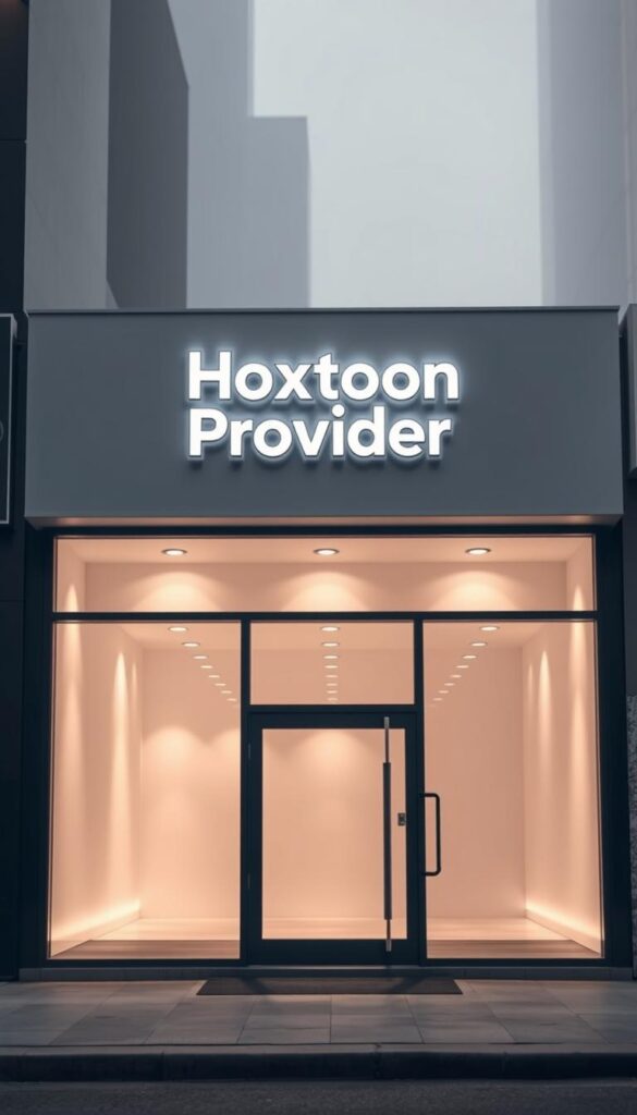 A sleek, minimalist storefront with the bold "Hoxtoon Provider" branding prominently displayed. The facade is made of modern, clean materials like glass and steel, creating a professional, trustworthy atmosphere. Soft, directional lighting illuminates the entrance, casting a warm glow and inviting passersby to explore. The scene is set against a hazy, urban backdrop, conveying a sense of reliability and stability in the digital world of IPTV services. The overall impression is one of a legitimate, reputable business offering lifetime IPTV subscriptions.