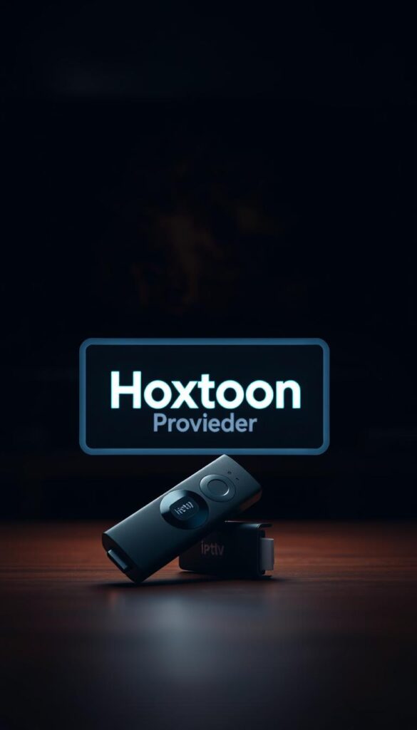 A sleek, minimalist-style image of a Firestick device prominently displayed in the foreground, casting a warm, flickering glow against a dark, cinematic background. The Firestick is positioned at a slight angle, casting dramatic shadows, conveying a sense of high-quality entertainment and premium streaming services. In the middle ground, a subtle, floating display showcases the "Hoxtoon Provider" brand name, rendered in a clean, modern typeface that complements the overall aesthetic. The lighting is soft and atmospheric, creating a cozy, inviting ambiance, suggestive of the immersive viewing experience offered by the Firestick and its IPTV subscription services.
