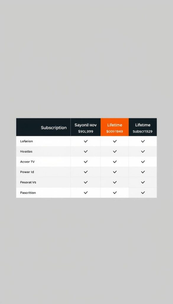 A sleek, minimalist table comparing the pricing options for the Hoxtoon Provider IPTV service. The table is displayed on a stylish, muted background with a subtle texture, creating a professional and visually appealing layout. The table features clean, bold typography and clear delineation between the different subscription plans, including the "Lifetime Subscription" option. The overall aesthetic is modern, sophisticated, and designed to highlight the value proposition of Hoxtoon's lifetime IPTV offering.