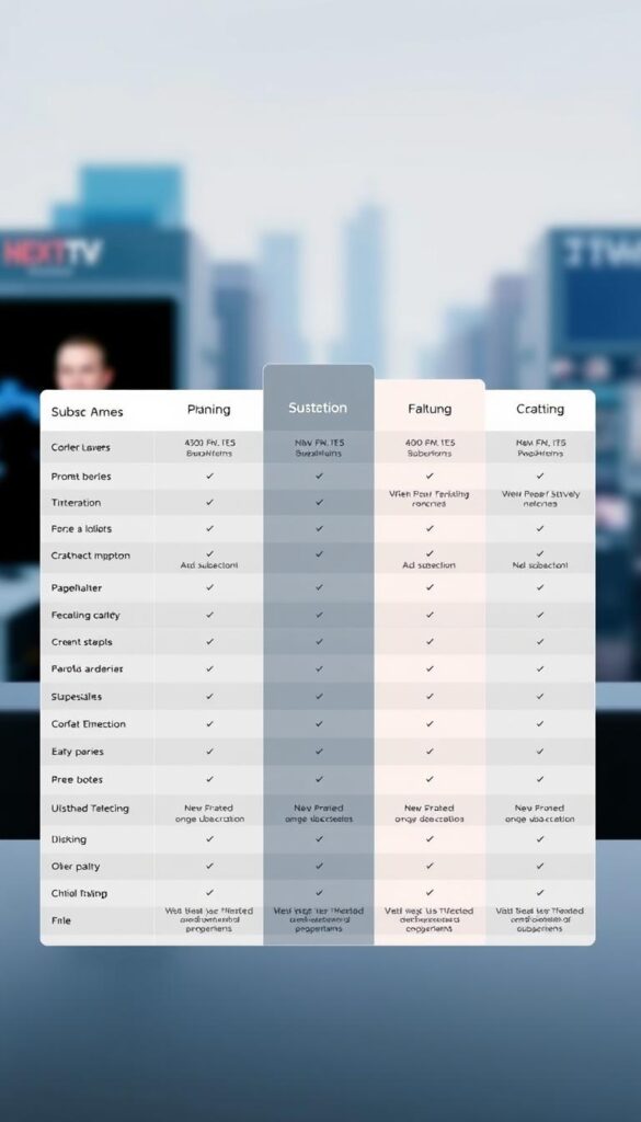 A sleek, minimalist table comparing the subscription plans offered by the Hoxtoon IPTV provider, showcasing their features and pricing. The table is rendered in a clean, modern style with a neutral color palette, allowing the information to be the focal point. The background features a subtle, blurred cityscape, hinting at the digital, connected nature of the service. The lighting is soft and even, creating a professional, informative atmosphere. The overall composition is balanced and visually appealing, making it an ideal illustration for the article's section on Hoxtoon's subscription plans.