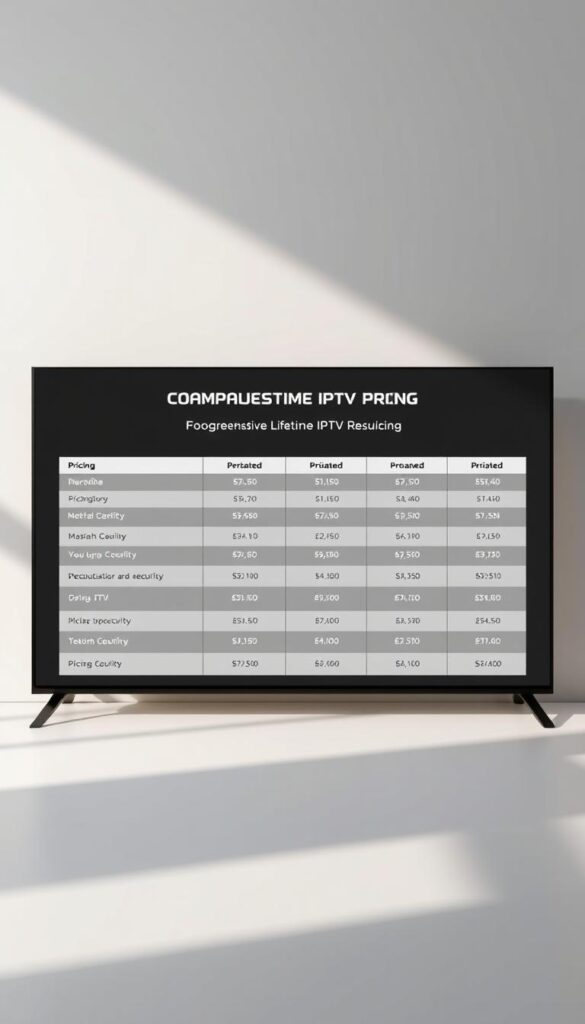 A sleek, minimalist table display showcasing Hoxtoon Provider's comprehensive lifetime IPTV pricing options. The table is rendered in a clean, monochrome palette with precise lines and angles, creating a sense of order and professionalism. The pricing tiers are clearly delineated, with bold headings and neatly organized pricing details. Subtle textures and shadows add depth and dimensionality to the scene, while strategic lighting casts a soft, warm glow across the display, lending an air of sophistication. The overall composition conveys a sense of authority and attention to detail, perfectly suited to illustrate the "Comprehensive Pricing Guide for Hoxtoon's Lifetime IPTV Services".