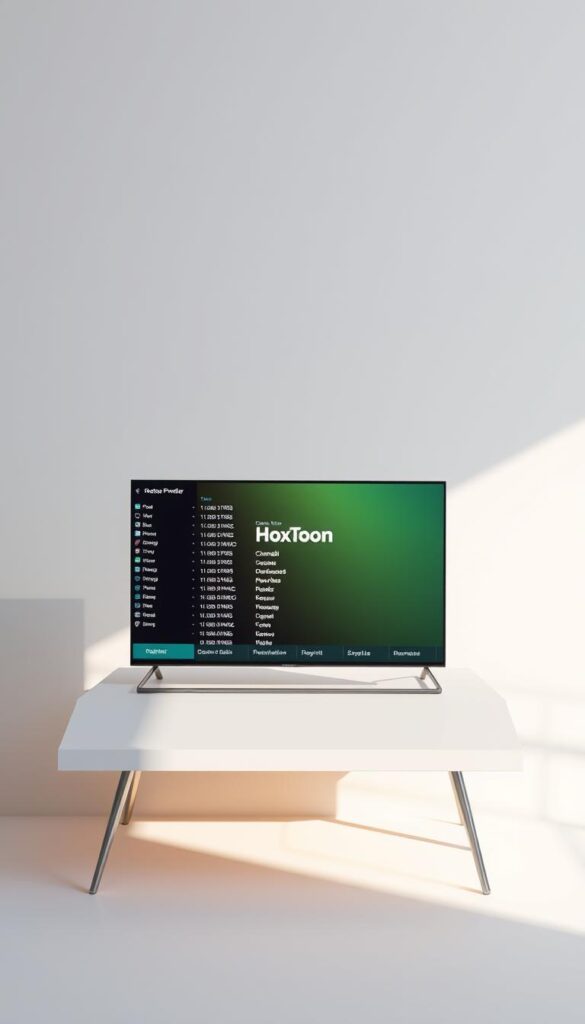 A sleek, minimalist table displaying a comprehensive IPTV channel list, with the "Hoxtoon Provider" brand prominently featured. The table is illuminated by soft, directional lighting, casting subtle shadows that create depth and dimensionality. The background is a clean, neutral-toned environment, allowing the channel information to be the focal point. The overall composition conveys a sense of professionalism and attention to detail, reflecting the detailed analysis of IPTV service performance.