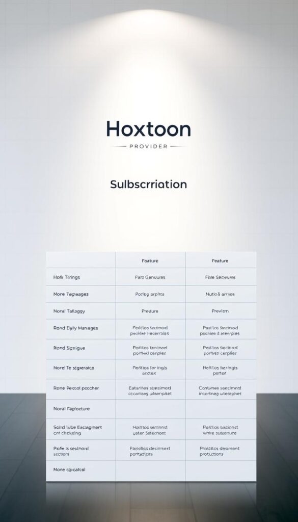 A sleek, minimalist table displaying the Hoxtoon Provider subscription plans. The table is set against a soft, blurred background with a faint grid pattern, creating a sense of order and organization. The plans are presented in a clean, easy-to-read format, with clear pricing and feature information. The Hoxtoon Provider logo is prominently displayed at the top, lending an air of professionalism and brand recognition. The lighting is soft and even, creating a welcoming and informative atmosphere. The overall composition is balanced and visually appealing, making it an ideal illustration for the article section on Hoxtoon's subscription offerings.