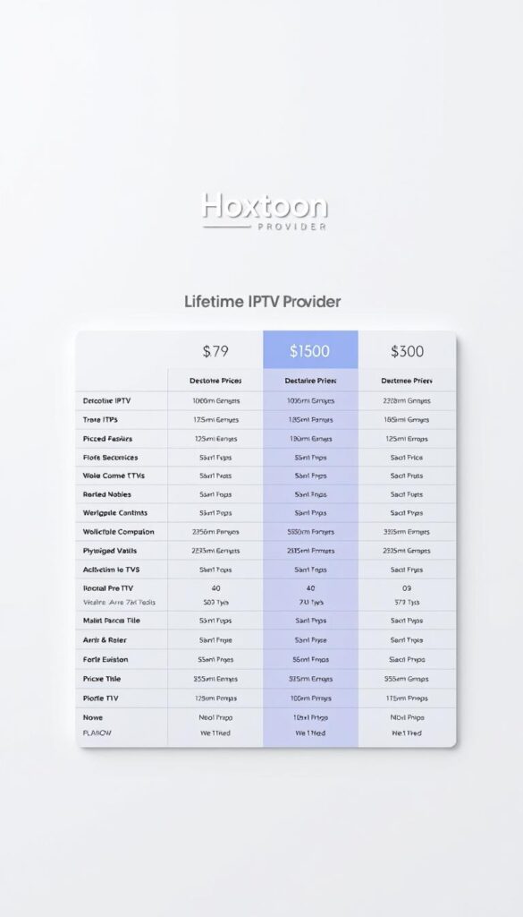 A sleek, minimalist table displaying the lifetime IPTV pricing plans for the Hoxtoon Provider. The table is positioned on a clean, light-colored background, with subtle grid lines to organize the information. The pricing tiers are clearly delineated, showcasing the various subscription options and their corresponding features and costs. The Hoxtoon Provider logo is prominently displayed at the top, adding a professional and branded touch to the scene. The overall mood is one of clarity, simplicity, and attention to detail, reflecting the comprehensive and accessible nature of the pricing guide.