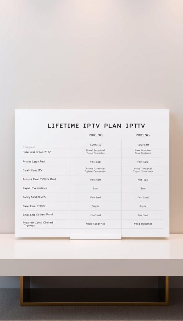 A sleek, minimalist table displaying the lifetime pricing plans of the Hoxtoon Provider IPTV service. The table is set against a muted, elegant background, perhaps a soft gray or beige. The table itself is well-organized, with clear delineations between the plan tiers and their respective features. The pricing is prominently displayed, drawing the viewer's attention. The overall aesthetic is clean, professional, and designed to convey the value and reliability of the Hoxtoon lifetime IPTV offering. The lighting is soft and diffused, creating a sense of warmth and quality. The camera angle is slightly elevated, giving the viewer a comprehensive view of the table and its contents.