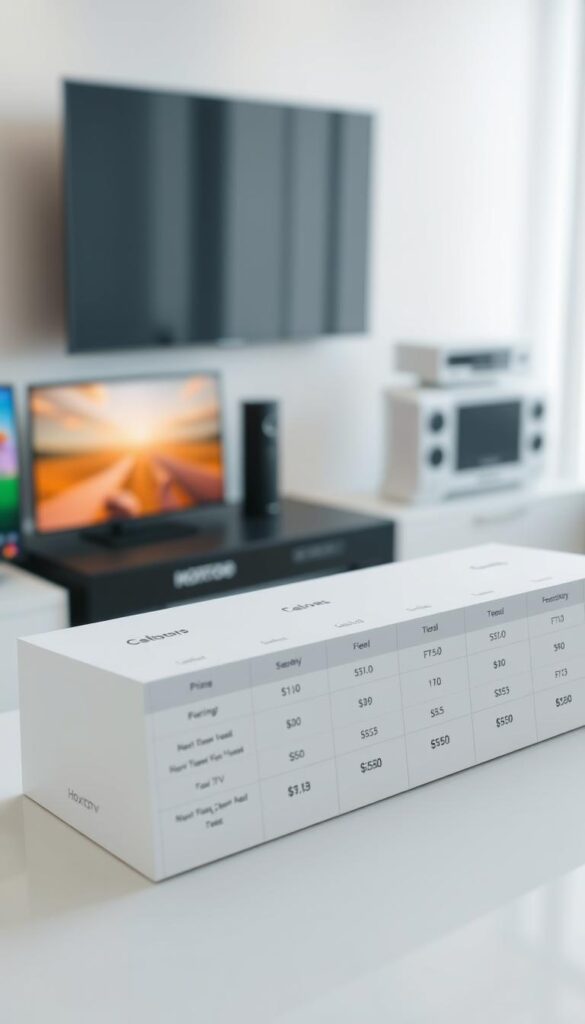A sleek, minimalist table displaying the pricing plans of the Hoxtoon IPTV provider. The table is set against a softly blurred background of various electronic devices, conveying a sense of modern, tech-savvy aesthetics. The plans are presented in a clean, organized manner, with clear delineation of the features and costs associated with each tier. The lighting is soft and diffused, creating a pleasant, inviting atmosphere. The camera angle is slightly elevated, giving the viewer a comprehensive overview of the pricing information. The overall composition emphasizes clarity, simplicity, and the value proposition of the Hoxtoon IPTV service.
