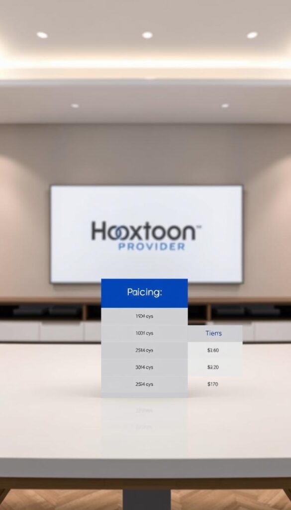A sleek, minimalist table displaying the pricing structure for a Hoxtoon Provider lifetime IPTV code. The table is situated in a well-lit, modern interior, with clean lines and a subtle color palette. The foreground showcases the pricing tiers, highlighted with elegant typography and precise numerical values. The middle ground features the Hoxtoon Provider brand name, prominently displayed in a sophisticated, sans-serif font. The background is a softly blurred, neutral-toned wall, creating a sense of depth and emphasizing the focal point of the pricing information.