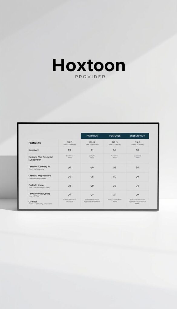 A sleek, minimalist table displaying the subscription plans offered by the Hoxtoon Provider. The table is positioned on a clean, white background, with subtle shadow effects to create depth and dimension. The plan details are presented in a clear, organized layout, highlighting the features, prices, and any relevant terms or conditions. The Hoxtoon Provider logo is prominently displayed at the top, lending an air of professionalism and authority to the image. The overall tone is one of clarity, trust, and reliability, perfectly suited to illustrate the section on safely and securely purchasing IPTV subscriptions.