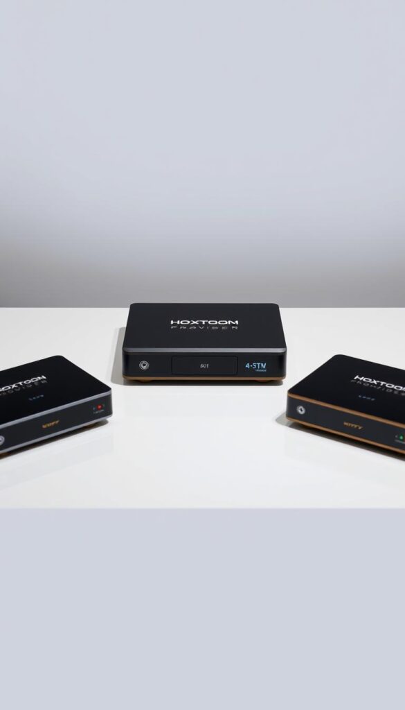 A sleek, minimalist tabletop showcasing three premium Arabic IPTV receivers. In the center, the Hoxtoon Provider box commands attention, its modern design and bold branding standing out. On either side, two competitors' models are neatly arranged, allowing for a side-by-side comparison. Subtle studio lighting accentuates the smooth lines and premium materials of the devices. The image conveys a sense of sophisticated technology and considered product design, inviting the viewer to closely examine and compare the offerings.