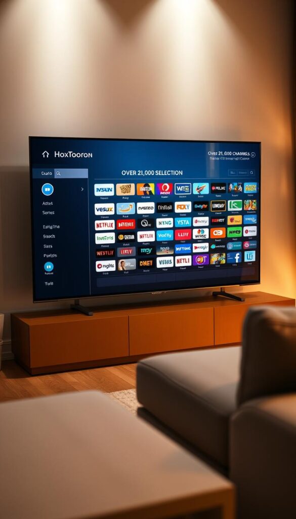 A sleek, minimalist television display showcasing a vast array of IPTV channels from the Hoxtoon Provider. The screen depicts a sophisticated user interface, highlighting the extensive selection of over 21,000 channels, including a diverse range of HD and international content. The room is bathed in warm, soft lighting, creating a cozy and inviting atmosphere. The television is positioned prominently, conveying the importance of the channel selection as the focal point of the scene. The overall composition exudes a sense of quality, reliability, and the promise of an immersive viewing experience.