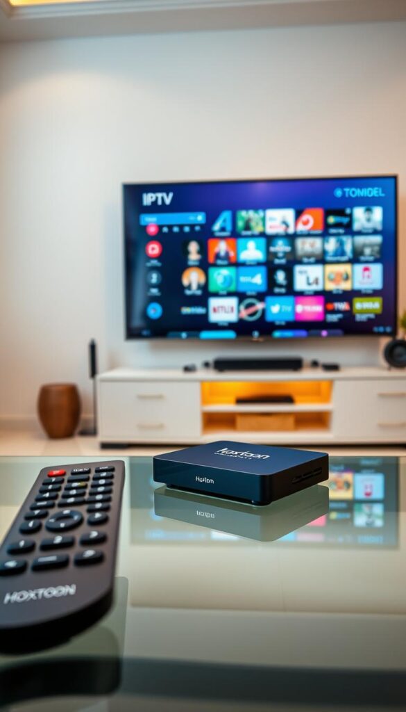 A sleek, minimalist television display showcasing the Hoxtoon Provider IPTV service. The screen displays a grid of popular live TV channels, reflecting the extensive content library. In the foreground, a high-end remote control with intuitive controls rests on a modern, glass-topped table. The middle ground features a modern, stylish set-top box housing the Hoxtoon IPTV technology, bathed in a warm, soft lighting. The background depicts a stylish, contemporary living room setting with clean lines, neutral tones, and subtle decorative accents, creating an atmosphere of sophistication and entertainment.