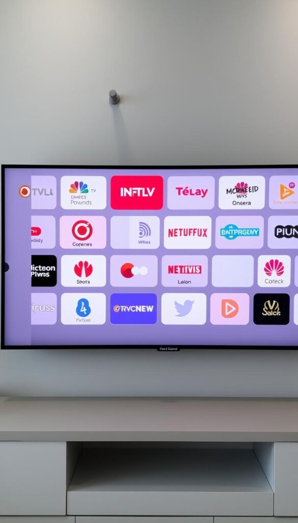 A sleek, minimalist television interface showcasing the extensive Hoxtoon Provider channel selection. The screen is divided into a grid layout, each tile displaying the logo and name of a different channel, ranging from news and sports to movies and entertainment. The channels are organized by category, with subtle dividing lines and a muted color palette that creates a sense of visual harmony. Soft, directional lighting casts gentle shadows, emphasizing the depth and dimensionality of the display. The overall composition conveys the breadth and quality of Hoxtoon's comprehensive IPTV offering, inviting the viewer to explore the vast array of content available.