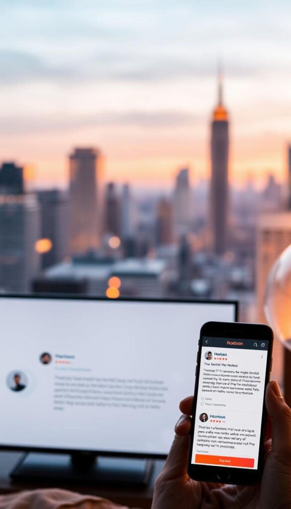 A sleek, minimalist website interface displaying reviews for the Hoxtoon IPTV provider. The layout features a clean grid of user testimonials, with subtle icons and ratings conveying the quality of the service. In the background, a soft, blurred cityscape reflects the modern, urban setting. Warm lighting creates a cozy, inviting atmosphere, while strategic camera angles highlight the website's responsive, mobile-friendly design. The overall impression is one of trust, reliability, and a seamless IPTV experience.