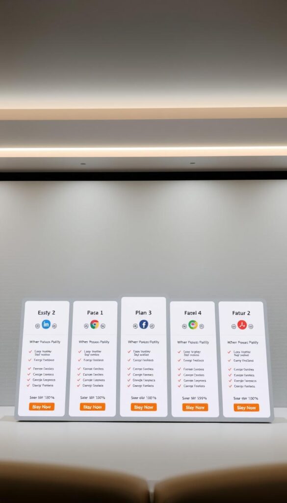 A sleek, minimalist website interface showcasing the subscription plans offered by Hoxtoon Provider. In the foreground, a grid of stylized plan cards with clear pricing details, icons, and feature highlights. The middle ground features a clean, uncluttered layout with a sense of elegance and professionalism. The background has a subtle pattern or texture, creating a sophisticated ambiance. Soft, indirect lighting illuminates the scene, emphasizing the clarity and simplicity of the design. The overall mood is one of modern, streamlined presentation that conveys the value and reliability of Hoxtoon's IPTV services.