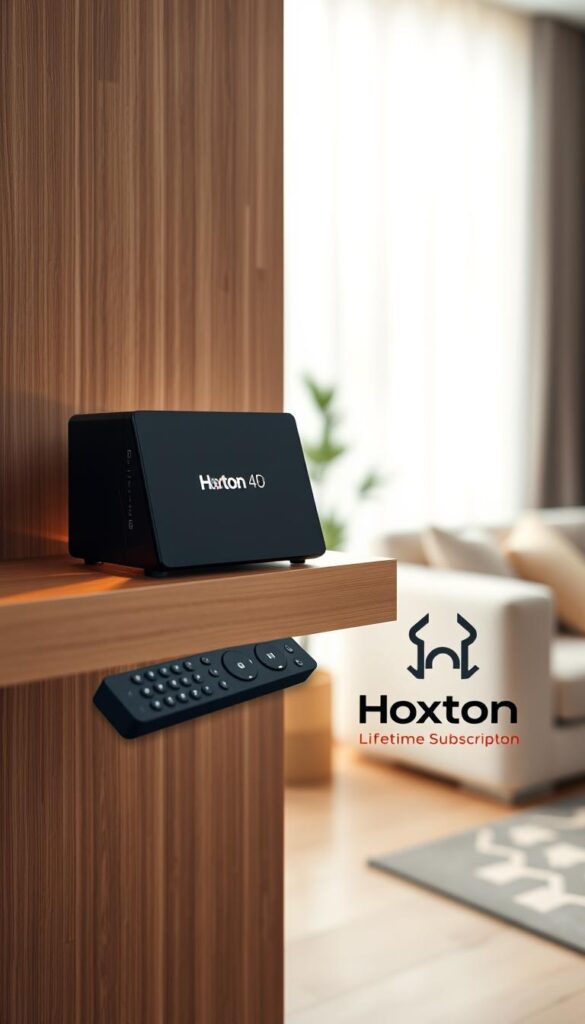 A sleek, modern 4K IPTV box by Hoxtoon Provider sits prominently on a minimalist wooden shelf, casting a warm glow from its matte black exterior. The box's clean lines and subtle branding exude a sense of premium quality. In the middle ground, a remote control and a stylized illustration of the Hoxtoon logo suggest the extensive content library and lifetime subscription service. The background showcases a cozy, well-lit living room, creating an inviting atmosphere for seamless entertainment.