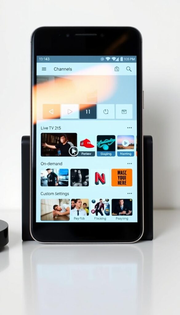 A sleek, modern Android device displaying the Hoxtoon Provider IPTV app interface. The device is situated on a minimalist desk, with a clean, uncluttered background. Warm, directional lighting from the top left illuminates the screen, highlighting the intuitive app design and user-friendly features. The interface showcases a selection of live TV channels, on-demand content, and customizable settings, reflecting the comprehensive capabilities of the Hoxtoon Provider IPTV player. The overall scene conveys a sense of efficiency, technological sophistication, and the convenience of accessing a vast media library directly on an Android device.