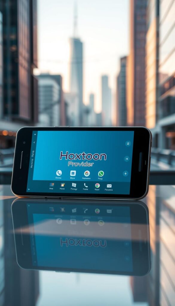 A sleek, modern Android mobile device prominently displaying the Hoxtoon Provider logo on its screen, surrounded by a clean, minimalist interface with intuitive app icons and controls. The device is situated on a glossy, reflective surface, bathed in warm, directional lighting that casts subtle shadows, creating a sense of depth and three-dimensionality. In the background, a blurred cityscape with skyscrapers and infrastructure suggests a vibrant, technology-driven metropolitan environment, reinforcing the app's position as a leading IPTV provider. The overall composition conveys a sense of sophistication, user-friendliness, and the cutting-edge capabilities of the Hoxtoon Provider platform.