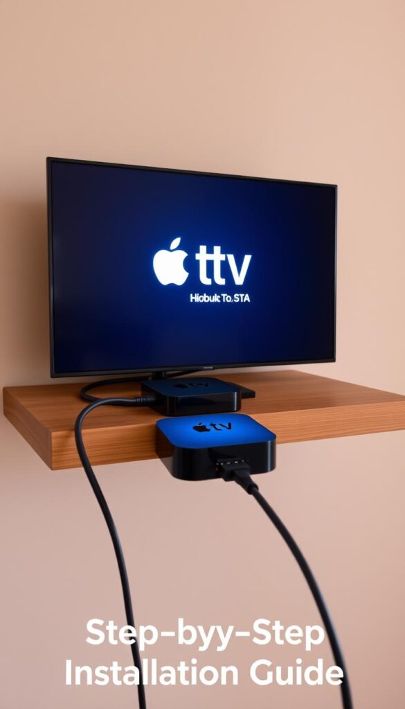 A sleek, modern Apple TV 4K device sitting on a minimalist wooden shelf. The device is connected to various cables, including an Ethernet cable, representing the IPTV installation process. In the background, a clean, neutral-toned wall sets the scene. Soft, warm lighting illuminates the setup, creating a cozy, inviting atmosphere. The Hoxtoon Provider logo is prominently displayed on the Apple TV screen, showcasing the IPTV service integration. The composition emphasizes the ease and simplicity of the IPTV installation, reflecting the "Step-by-Step Installation Guide" section of the article.