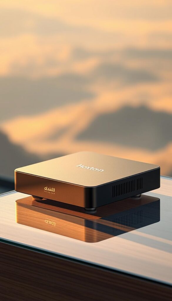 A sleek, modern Arabic IPTV box by Hoxtoon Provider, resting on a minimalist glass or wood surface. The device is highlighted with warm, directional lighting, casting subtle shadows that accentuate its clean lines and premium build. In the background, a blurred, ethereal landscape suggests the boundless entertainment and connectivity the lifetime subscription offers. The image conveys a sense of quality, reliability, and the convenience of unlimited access to a world of Arabic content.