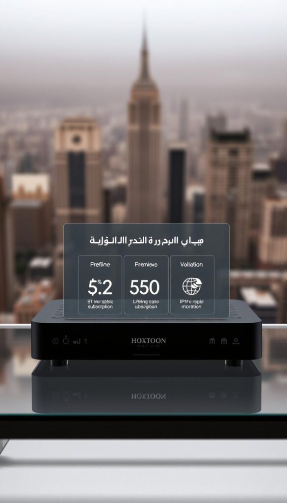 A sleek, modern Arabic IPTV box on a minimalist glass or metal surface, showcasing the Hoxtoon Provider brand. The box has a clean, rectangular design with subtle Arabic-inspired patterns or calligraphy accents. In the foreground, a holographic display presents three pricing options for a lifetime subscription, highlighted with elegant typography and icons. The background features a soft, blurred cityscape or abstract pattern in muted tones, creating a premium, high-tech atmosphere. Lighting is subtle and directional, emphasizing the box's form and the display's clarity. The overall scene conveys a sense of sophistication, technology, and the value proposition of a lifetime IPTV subscription.