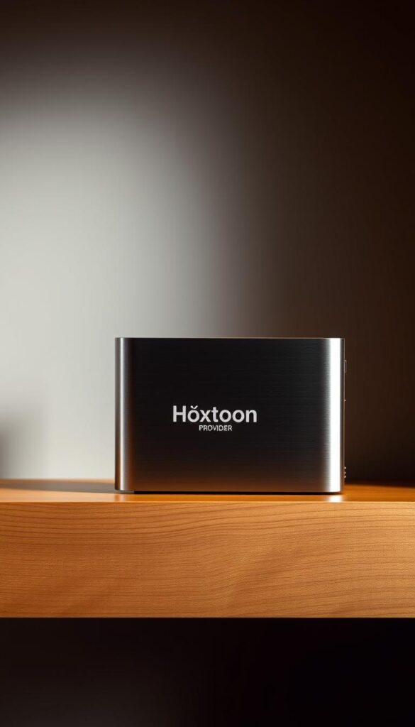 A sleek, modern Arabic IPTV box sits prominently on a minimalist wooden shelf. The brushed aluminum exterior gleams under warm, focused lighting, creating a premium, high-tech aesthetic. The Hoxtoon Provider logo is subtly embossed on the front panel, signifying its quality and authority in the market. In the background, a neutral gray gradient backdrop adds depth and emphasizes the box's elegant design. The overall scene conveys a sense of sophistication and reliability, perfectly capturing the essence of a leading lifetime free Arabic IPTV box.