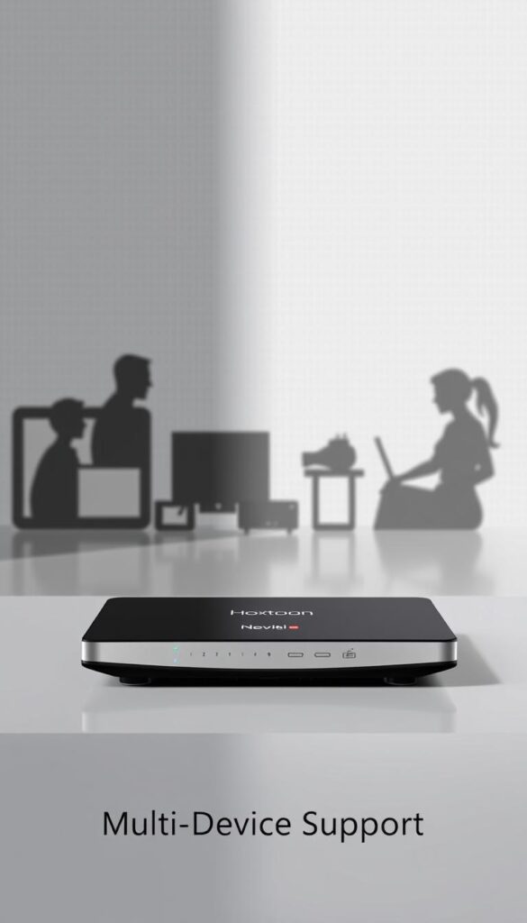 A sleek, modern Arabic IPTV player with a clean, intuitive interface. The device is displayed prominently in the foreground, showcasing its slim, sophisticated design and the Hoxtoon Provider branding. In the middle ground, multiple device silhouettes hint at the multi-device support, creating a sense of connectivity and versatility. The background features a subtle, minimalist pattern or gradient, providing a stylish, high-tech ambiance that complements the player's aesthetic. Soft, directional lighting highlights the device's elegant lines and promotes a premium, high-quality impression. The overall scene conveys a sense of seamless, effortless streaming across multiple devices, reflecting the "Multi-Device Support" section of the article.