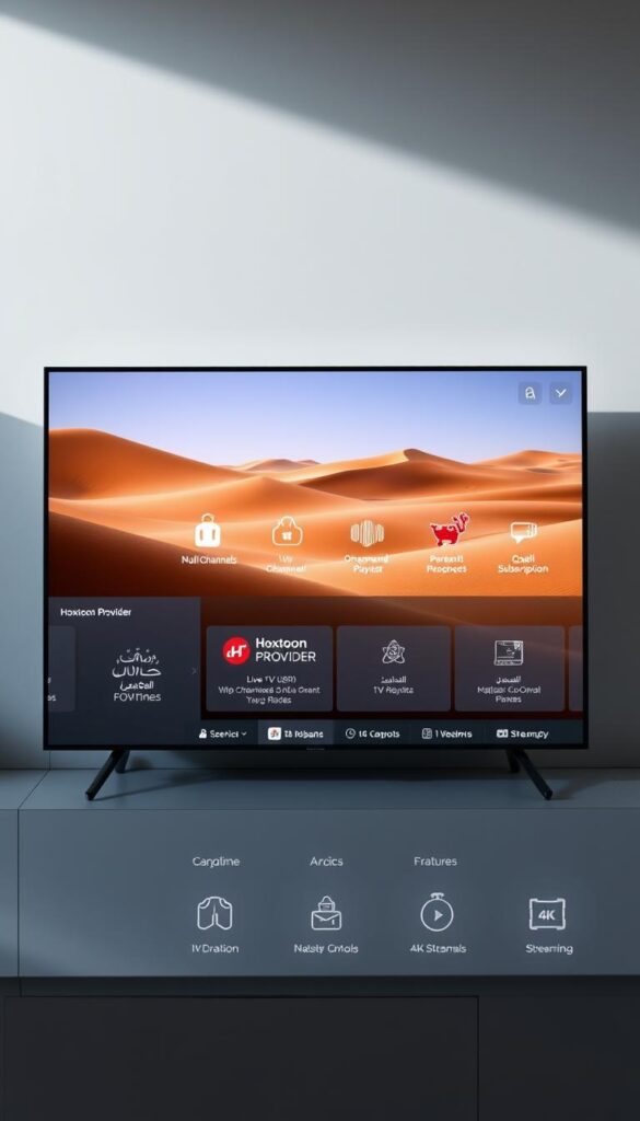 A sleek, modern Arabic IPTV service interface showcasing its essential features. In the foreground, a minimalist display of the Hoxtoon Provider brand and service offerings, such as live TV channels, on-demand content, and premium subscriptions. The middle ground features stylized icons and infographics highlighting key capabilities like multichannel playback, parental controls, and 4K streaming. The background depicts a serene, desert-inspired landscape with subtle Arabic motifs, conveying a sense of cultural authenticity. Lighting is crisp and natural, with a focus on clean lines and sophisticated aesthetics to attract discerning IPTV users.