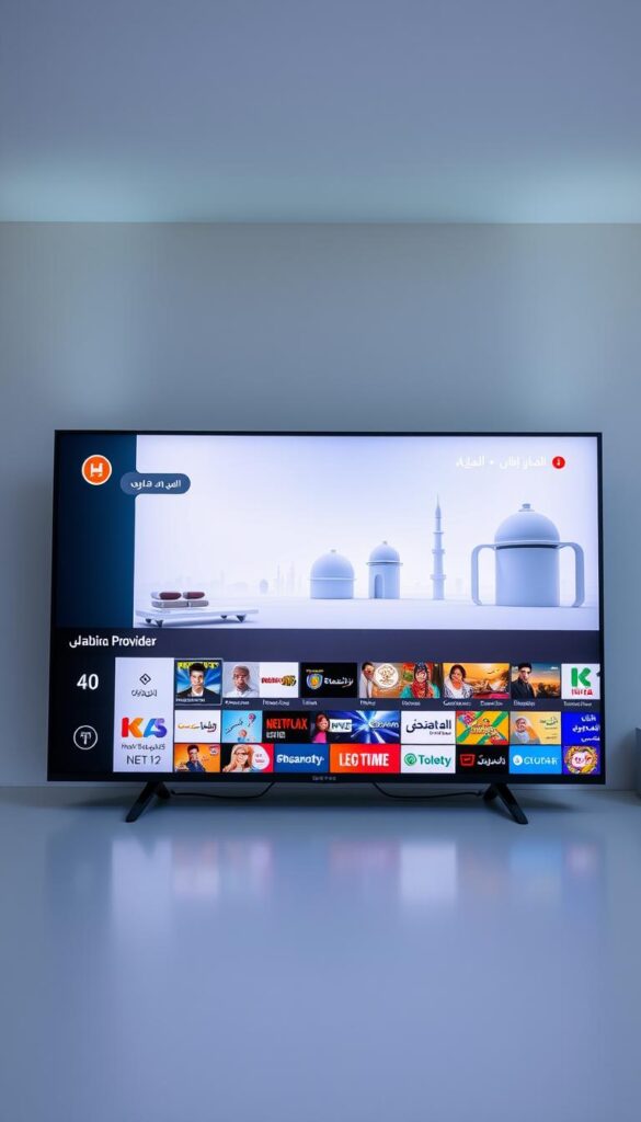 A sleek, modern Arabic TV streaming interface displayed on a high-resolution screen. In the foreground, the Hoxtoon Provider brand prominently showcases its logo and user-friendly menu options. The middle ground features a diverse array of Arabic channel thumbnails, reflecting the wide range of content available. The background depicts a minimalist, futuristic environment with subtle Middle Eastern design elements, conveying a sense of technological progress and cultural heritage. The overall scene is illuminated by soft, directional lighting that creates depth and emphasizes the screen's vibrant colors and crisp visuals.