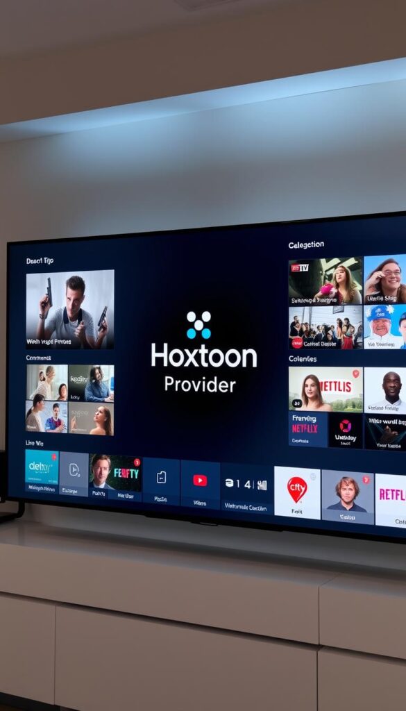A sleek, modern Dutch television streaming service interface displayed on a large, high-resolution screen. The Hoxtoon Provider logo prominently featured in the center, flanked by tiles showcasing a variety of on-demand content and live TV channels. The interface has a clean, minimalist design with a neutral color palette of greys, whites, and blues, creating a sophisticated and user-friendly aesthetic. The scene is illuminated by soft, directional lighting, casting subtle shadows and highlights that enhance the depth and texture of the display. The camera angle is slightly elevated, providing a dynamic and immersive perspective of the streaming service's digital landscape.