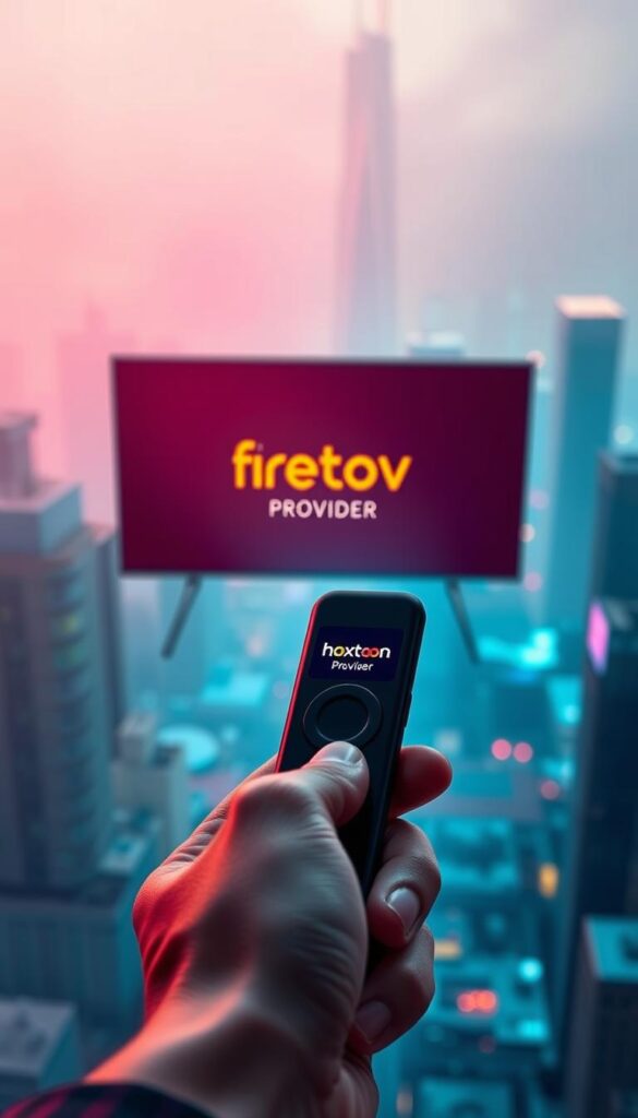 A sleek, modern Firestick device prominently displayed, surrounded by a hazy, futuristic cityscape. The Firestick's screen displays the Hoxtoon Provider logo, hinting at the promise of free, seamless IPTV streaming. In the foreground, a person's hand interacts with the device, suggesting the effortless accessibility of the service. The scene is bathed in a cool, neon-tinged lighting, evoking a sense of technological sophistication. The overall atmosphere conveys the allure of "free" IPTV, while hinting at the potential pitfalls of such services in 2024.