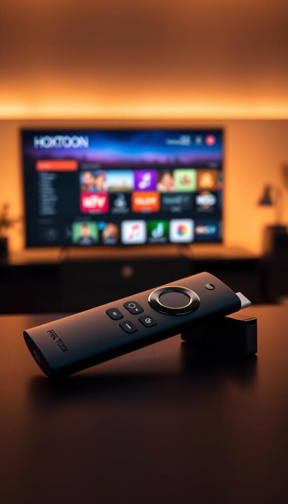 A sleek, modern Firestick device resting on a dark, minimalist surface, its interface displaying the vibrant, high-definition capabilities of the Hoxtoon Provider IPTV service. The Firestick's remote control is prominently featured, showcasing its intuitive design and functionality. The scene is bathed in warm, ambient lighting, creating a cozy and inviting atmosphere. In the background, a blurred cityscape or living room setting provides a subtle, contextual reference to the Firestick's integration into a home entertainment system. The overall composition conveys the seamless, immersive IPTV experience enabled by the Firestick's powerful hardware and the Hoxtoon Provider's comprehensive service offerings.