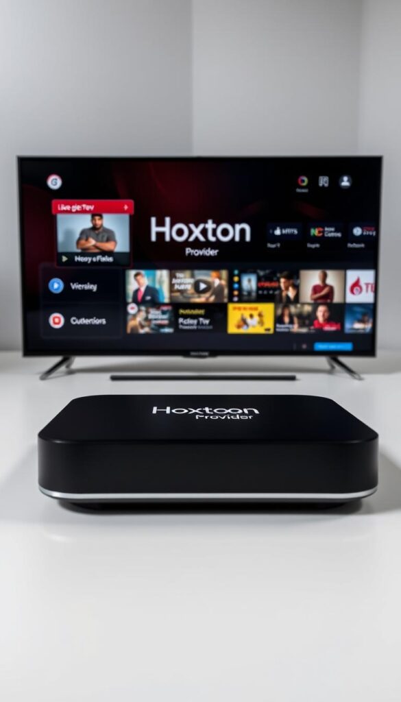 A sleek, modern Google TV device prominently displaying the "Hoxtoon Provider" logo on its interface, showcasing a seamless IPTV subscription experience. The device is set against a clean, minimalist background, with subtle lighting creating a sense of depth and professionalism. The screen displays a diverse selection of live TV channels and on-demand content, reflecting the comprehensive IPTV service offered by Hoxtoon. The overall composition conveys a user-friendly, high-quality, and reliable IPTV solution for Google TV users.