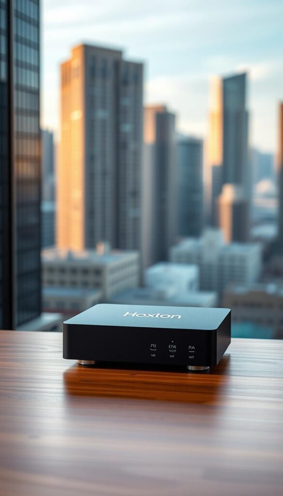 A sleek, modern Hoxtoon Provider IPTV box sits prominently on a minimalist wooden table, its clean lines and dark matte finish conveying a sense of sophistication. Diffused, warm lighting from above casts a soft glow, highlighting the device's tactile textures and subtle branding. In the background, a blurred cityscape of high-rise buildings suggests an urban, tech-savvy environment, perfectly suited for this state-of-the-art entertainment hub. The scene exudes a sense of efficiency and practicality, capturing the essence of an "ideal user" who would benefit most from Hoxtoon's lifetime IPTV subscription plans.