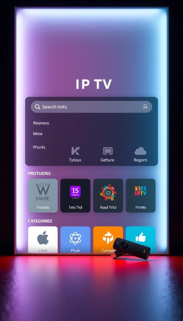 A sleek, modern IPTV app interface for the Amazon Firestick, designed by Hoxtoon Provider, showcasing its seamless navigation and intuitive controls. The app's layout is clean and uncluttered, with a prominent search bar and neatly organized content categories. The background features a subtle gradient, creating a sense of depth and sophistication. The app's icons and menus are sharp and minimalist, reflecting a premium user experience. Soft lighting illuminates the scene, casting a warm, inviting glow and emphasizing the app's user-friendly design. The overall impression is one of a high-quality, reliable IPTV solution that can be easily accessed and enjoyed on the Firestick platform.