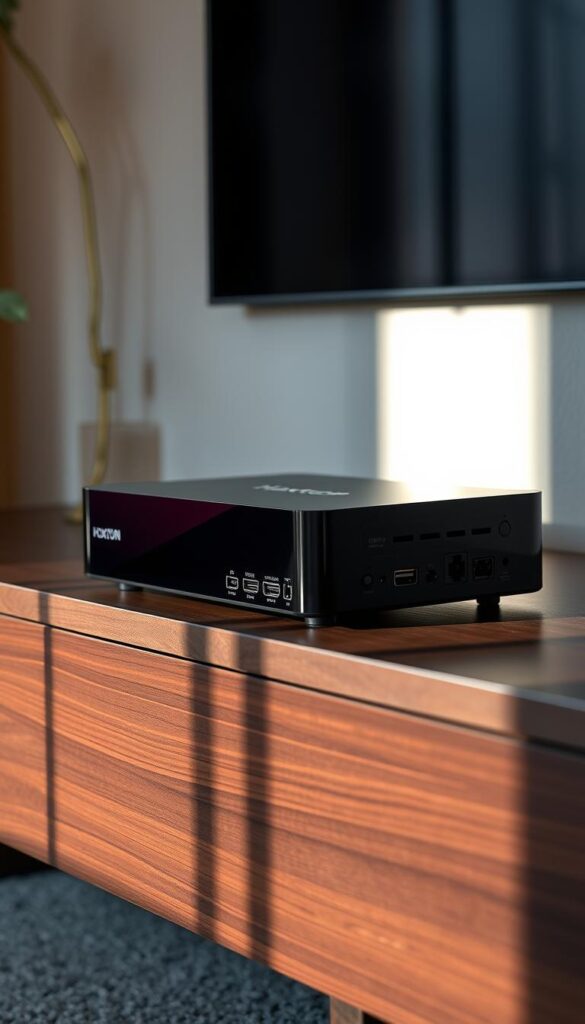 A sleek, modern IPTV box by Hoxtoon Provider, sitting prominently on a dark wood entertainment unit. The device has a clean, rectangular design with a glossy black finish and subtle LED indicators. The front panel features simple touch controls, while the back showcases a variety of input/output ports for seamless connectivity. Soft, directional lighting illuminates the box, casting subtle shadows that highlight its sophisticated aesthetics. The room's ambiance is warm and inviting, with muted tones and minimal decor, allowing the IPTV box to take center stage as the focal point of the setup.