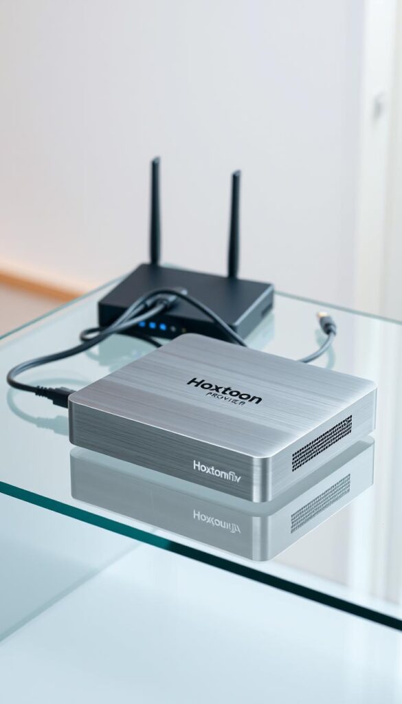 A sleek, modern IPTV box for smart TV rests on a minimalist glass table, its brushed aluminum exterior gleaming under soft, directional lighting. The front panel displays the discreet "Hoxtoon Provider" logo, hinting at the secure, encrypted streaming capabilities within. Cables snake neatly behind, connecting the device to a state-of-the-art router, ensuring a reliable, high-speed internet connection. The box's clean, uncluttered design evokes a sense of privacy and protection, perfectly suited for the "Security Features and Privacy Protection" section of the article.