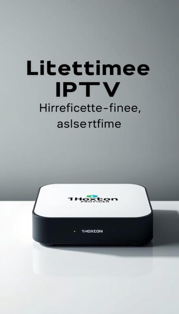 A sleek, modern IPTV box prominently displayed, showcasing the Hoxtoon Provider logo. The device is surrounded by a clean, minimalist setup with subtle gray and white tones, hinting at the simplicity and reliability of the lifetime subscription service. Soft lighting illuminates the scene, creating a sense of quality and sophistication. In the background, a blurred cityscape suggests the global reach and accessibility of the IPTV offering. The overall composition conveys a premium, hassle-free lifetime IPTV experience.