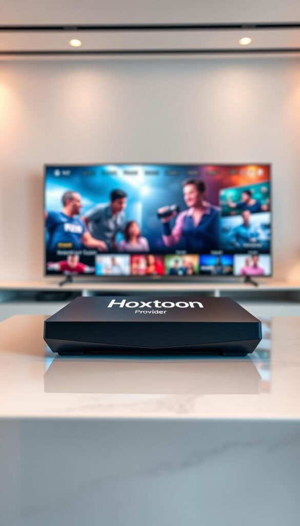 A sleek, modern IPTV box prominently displays the "Hoxtoon Provider" logo on its front panel. The box sits atop a glossy, minimalist table, surrounded by a clean, airy environment with soft, diffused lighting. The box's matte black finish and sharp, angular design convey a sense of premium quality and technological sophistication. In the background, a large, high-resolution display showcases a vibrant, immersive entertainment experience, hinting at the exceptional streaming capabilities of the Hoxtoon IPTV service. The overall scene exudes a sense of elegance, innovation, and the promise of an unparalleled home entertainment solution.