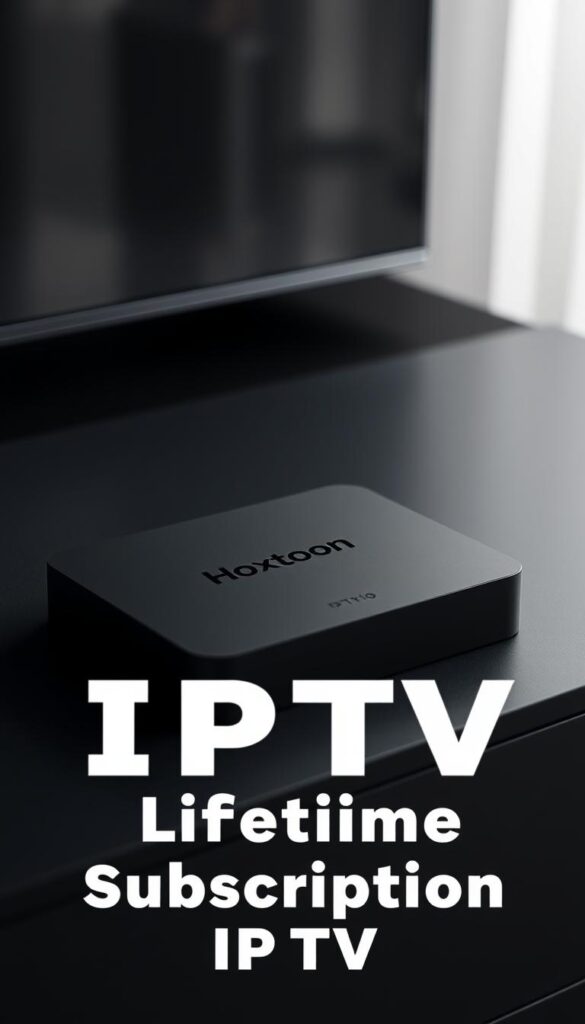 A sleek, modern IPTV box resting on a dark, minimalist surface. The device features the "Hoxtoon Provider" branding, conveying a premium, high-quality product. Soft, directional lighting illuminates the box, highlighting its clean lines and matte finish. The scene exudes a sense of sophistication and reliability, suitable for a lifetime subscription IPTV service. The background is blurred, keeping the focus on the IPTV box as the central subject.