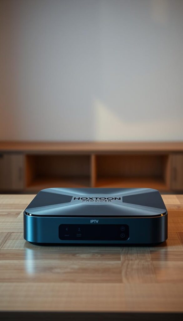 A sleek, modern IPTV box resting on a minimalist wooden table, its elegant curves and brushed metal finish reflecting warm studio lighting. The Hoxtoon Provider logo prominently displayed on the front panel, signifying a lifetime subscription service. In the background, a crisp, clean environment with muted tones and subtle textures, creating a sense of quality and professionalism. The image conveys a premium, high-end feel, enticing the viewer to consider this IPTV box as a reliable, long-term solution for their home entertainment needs.