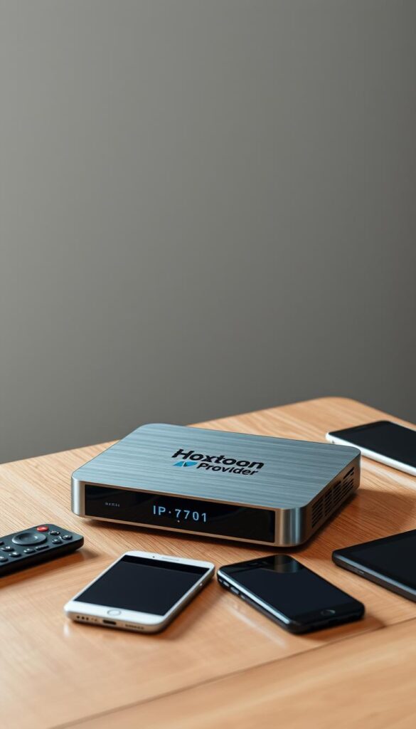 A sleek, modern IPTV box resting on a wooden table, its brushed aluminum exterior gleaming under soft, indirect lighting. The Hoxtoon Provider logo prominently displayed on the front panel, conveying a sense of quality and reliability. The box is surrounded by various remote controls, smartphones, and tablets, showcasing its multi-device compatibility. The background features a minimalist, monochromatic wall, creating a clean and sophisticated atmosphere. The overall scene exudes a sense of technology, connectivity, and seamless entertainment experience.