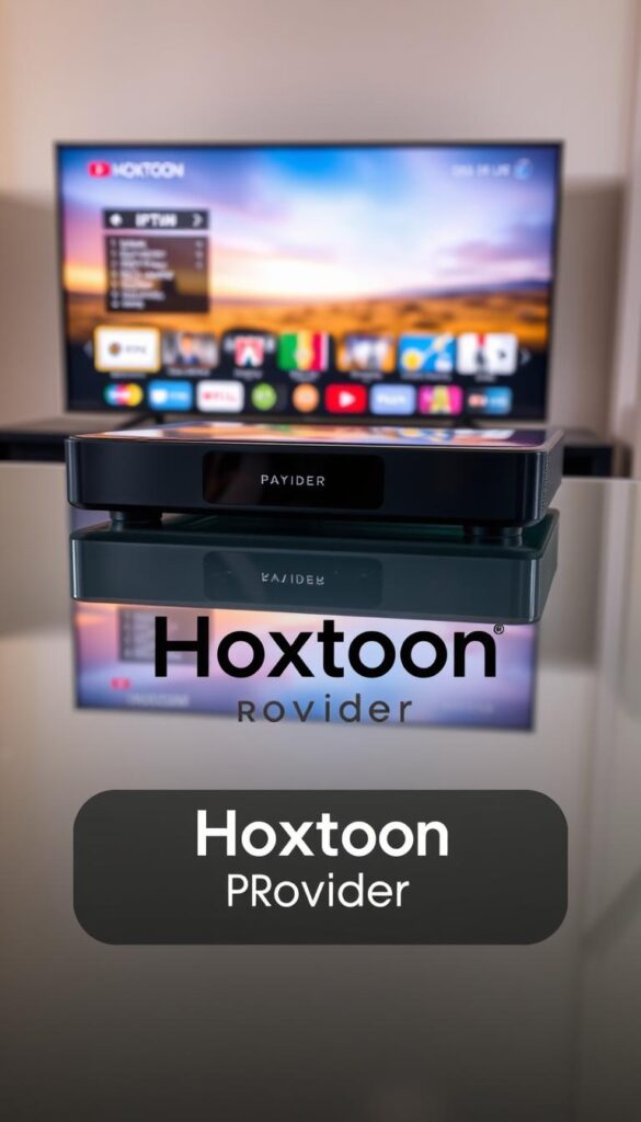 A sleek, modern IPTV box rests on a glass table, casting a sharp reflection. On the screen, a vibrant landscape of channels and content unfolds, hinting at the vast entertainment options within. In the foreground, the "Hoxtoon Provider" logo stands prominently, exuding a sense of reliability and expertise. Soft, directional lighting illuminates the scene, creating a warm and inviting atmosphere. The overall composition conveys the comprehensive IPTV lifetime package offered by Hoxtoon, a leading provider in the industry.