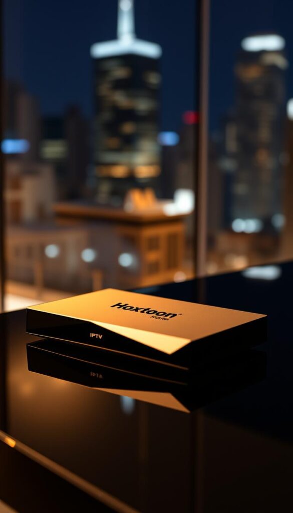 A sleek, modern IPTV box rests on a glossy black surface, its sharp edges and clean lines hinting at advanced technology within. The front panel features the bold "Hoxtoon Provider" logo, signaling its identity as a leading IPTV service. Elegant lighting casts a warm, ambient glow, drawing the eye to the box's sophisticated design. In the background, a blurred cityscape suggests the device's seamless integration with urban living and entertainment. Crisp shadows and highlights accentuate the box's premium construction, while a shallow depth of field keeps the focus on the central subject. The overall composition conveys a sense of premium quality, cutting-edge capabilities, and Hoxtoon's dominance in the IPTV market.