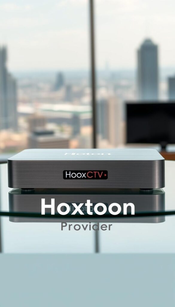 A sleek, modern IPTV box rests on a minimalist glass table, its brushed aluminum body gleaming under the soft, diffused lighting. In the foreground, the Hoxtoon Provider logo is prominently displayed, indicating the premium quality and reliability of this top-rated streaming device. The background features a blurred cityscape, hinting at the global connectivity and seamless multimedia experience this IPTV box provides. Subtle shadows and reflections add depth and dimension, while the overall composition conveys a sense of sophistication and technological prowess.