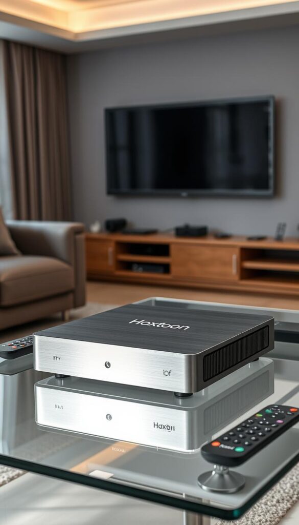 A sleek, modern IPTV box rests on a minimalist glass table, its brushed aluminum chassis gleaming under the soft, diffused lighting of a stylishly appointed living room. The box's discreet Hoxtoon Provider branding subtly adorns the front panel, hinting at the advanced technology within. Surrounding the box, a selection of remote controls and streaming devices suggest the seamless integration of this IPTV solution into a comprehensive home entertainment system. The overall scene conveys a sense of sophistication and technological superiority, perfectly complementing the article's focus on the advantages of IPTV over traditional broadcasting.