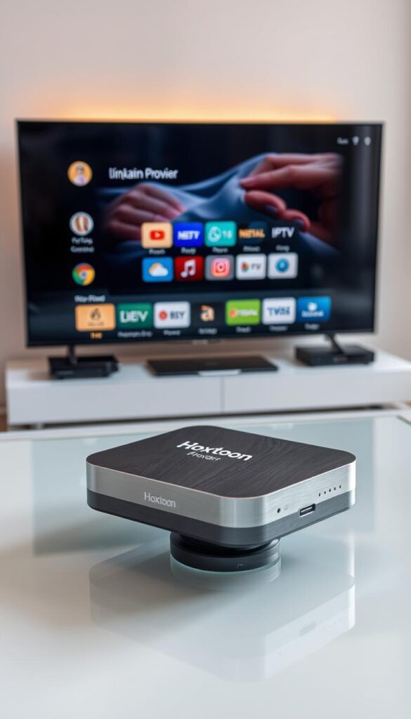 A sleek, modern IPTV box rests on a minimalist glass table, its brushed aluminum exterior gleaming under warm, directional lighting. The device, emblazoned with the "Hoxtoon Provider" logo, sits atop a clean, white background, conveying a sense of high-tech sophistication. The box's intuitive interface is visible on a nearby smart TV screen, showcasing its seamless integration with the latest streaming technologies. The scene exudes a balance of simplicity and advanced functionality, hinting at the power and convenience of IPTV technology.