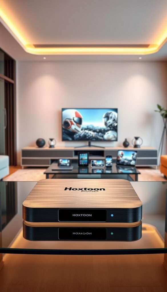 A sleek, modern IPTV box rests on a minimalist glass table, its brushed aluminum exterior gleaming under warm, diffused lighting. In the foreground, the Hoxtoon Provider logo stands out prominently, showcasing the device's premium branding. The middle ground features multiple mobile devices, tablets, and smart TVs, all seamlessly connected to the IPTV box, highlighting its multi-device compatibility. The background depicts a stylish, high-tech living room setting, with clean lines, neutral tones, and subtle decorative elements that create a sense of elegance and sophistication. The overall scene conveys the versatility, ease of use, and premium quality of the 2026 IPTV box receiver, ready to provide a seamless, future-proof entertainment experience throughout the entire home.