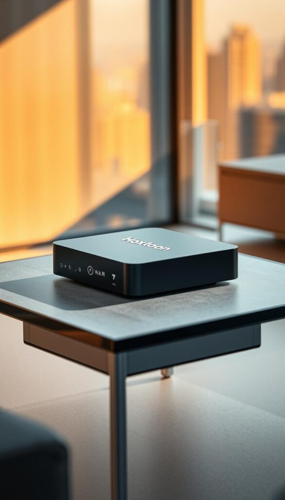 A sleek, modern IPTV box rests on a minimalist glass table, surrounded by a clean, well-lit environment. The box, emblazoned with the "Hoxtoon Provider" logo, sits atop a soft gray surface, casting a subtle shadow. Warm, directional lighting illuminates the scene, highlighting the box's smooth, matte black finish and clean lines. The background features a blurred, out-of-focus cityscape, suggesting a premium, high-tech setting. The overall mood is one of sophistication, technology, and the promise of seamless entertainment.