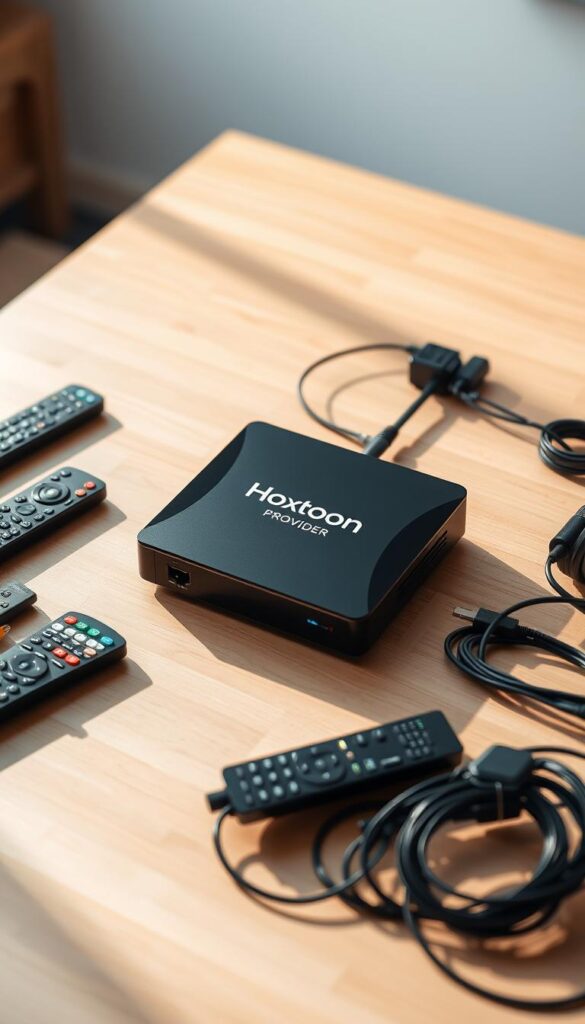 A sleek, modern IPTV box setup with the Hoxtoon Provider logo prominently displayed on the front panel. The box is situated on a minimalist, wooden table, casting subtle shadows on the surface. Soft, directional lighting illuminates the scene, creating a warm and inviting atmosphere. The box is surrounded by various remote controls, networking cables, and other accessories neatly arranged, conveying a sense of order and organization. The overall composition suggests a straightforward, user-friendly setup process for the Hoxtoon IPTV service.