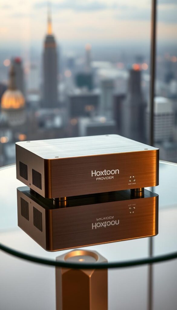 A sleek, modern IPTV box sits atop a minimalist glass table, its brushed aluminum body gleaming under warm, focused lighting. The front panel displays the Hoxtoon Provider logo, while the sides feature strategically placed vents for efficient cooling. In the background, a blurred cityscape stretches out, hinting at the box's connectivity and streaming capabilities. The scene conveys a sense of technological sophistication and reliable performance, reflecting the high-quality streaming experience the IPTV box is designed to deliver.